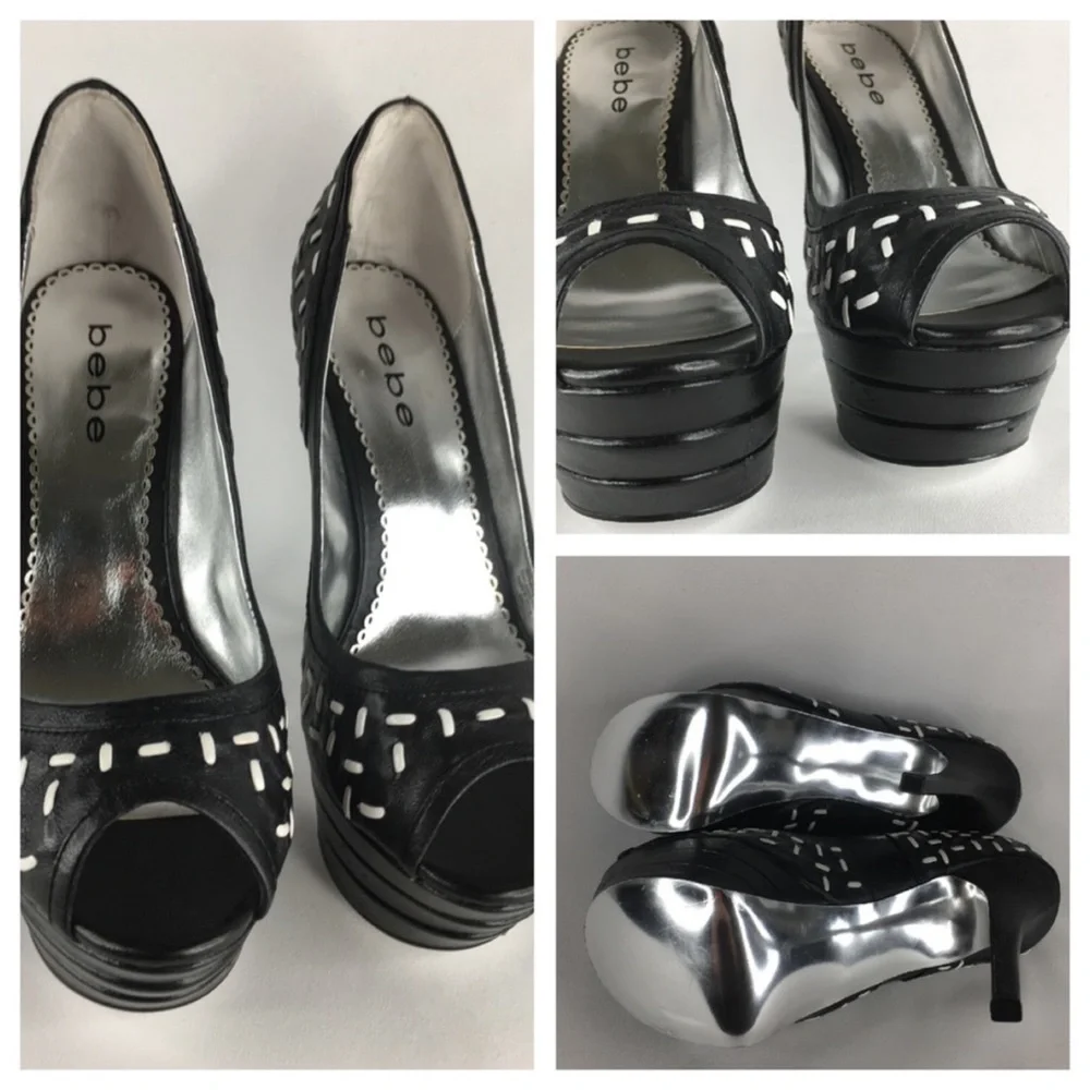 Y2K Bebe Platform Womens 8 Leather Black Stiletto Platform Leather Black Heels